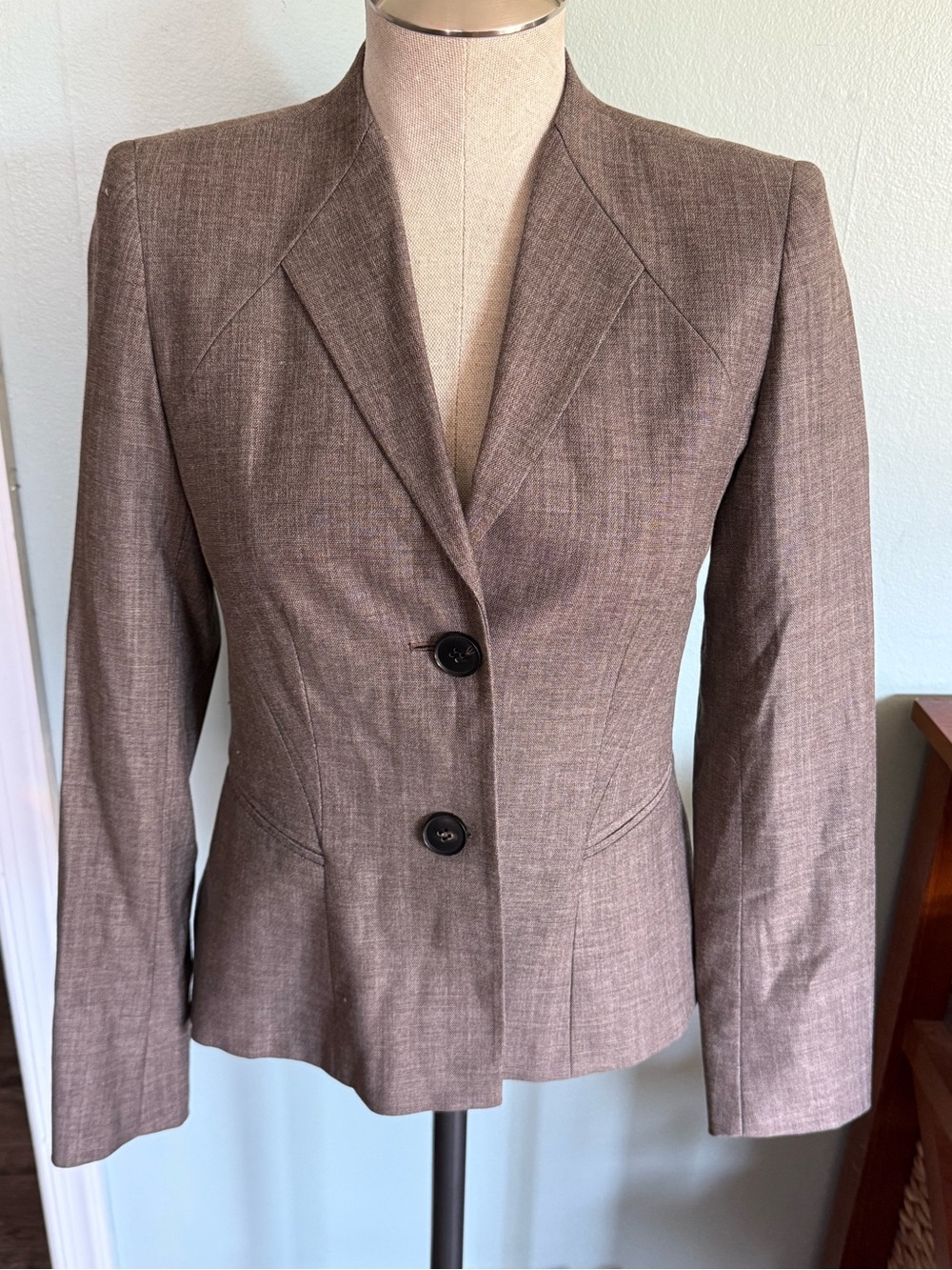 Lafayette 148 Brown Wool Blend Structured Shoulder Pad Blazer Size 4 Petite